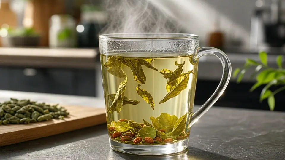 A premium close-up of a glass mug filled with hot, steaming pale golden-green tea showing unfolding whole green tea leaves