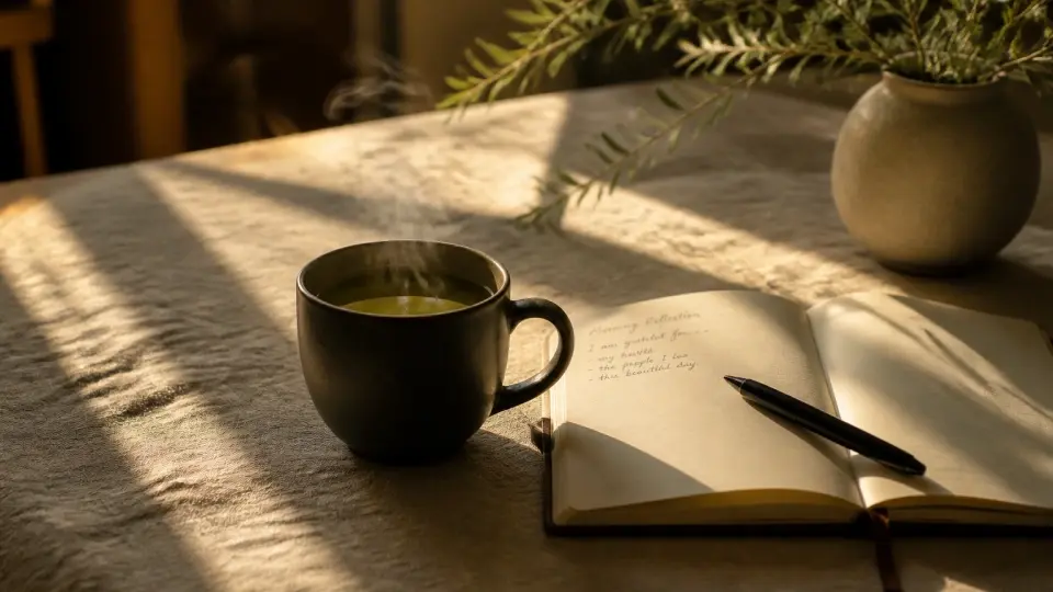 A dark ceramic mug of steaming green-golden herbal tea resting next to an open minimalist journal in warm morning light