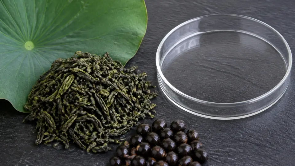 A macro botanical shot of raw green tea, lotus leaf, and cassia seeds styled beside a clean laboratory glass petri dish A macro botanical shot of raw green tea, lotus leaf, and cassia seeds styled beside a clean laboratory glass petri dish