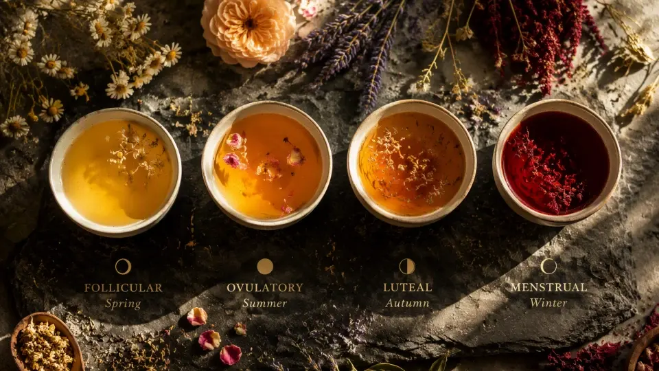A high-end flat lay of four ceramic tea bowls filled with different herbal tea infusions representing the menstrual cycle phases A high-end flat lay of four ceramic tea bowls filled with different herbal tea infusions representing the menstrual cycle phases