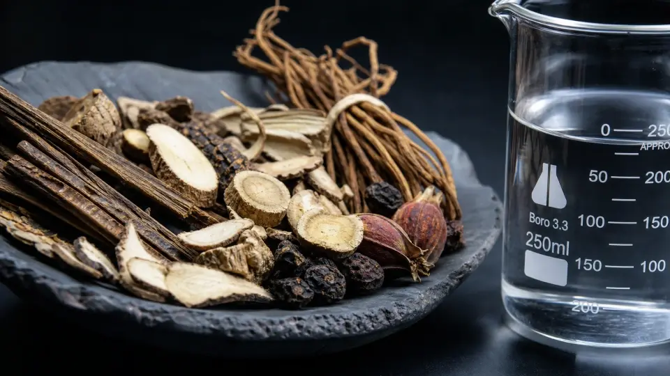 A high-end macro botanical shot of raw medicinal roots styled beside clean laboratory glass under clinical lighting A high-end macro botanical shot of raw medicinal roots styled beside clean laboratory glass under clinical lighting