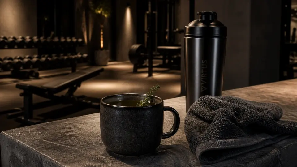 A dark stone mug of herbal tea sitting on a concrete gym bench next to a folded towel and a shaker bottle
