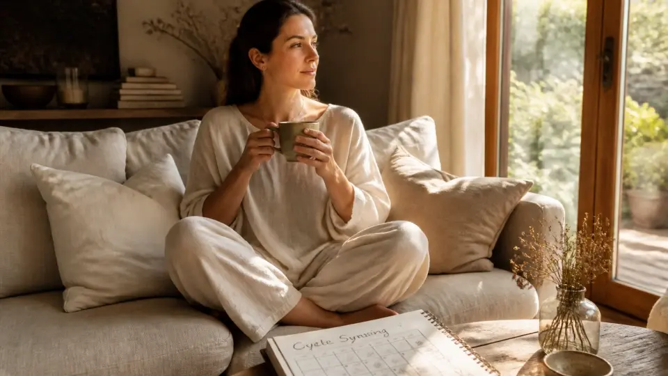 A Serene Woman Sitting on Sofa Cup Warm Tea Mug Near a Table with Calendar