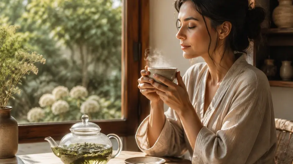A Mindful Woman Sitting by Sunny Window and Enjoying Warm Steaming Green Tea