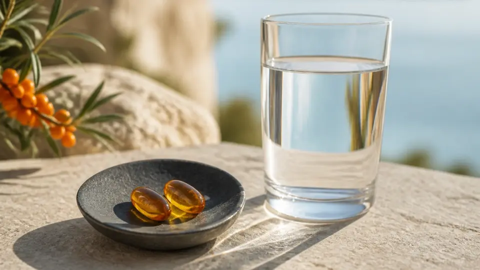 A clear glass of water standing beside a dark stone dish holding two glowing amber sea buckthorn oil capsules in morning light