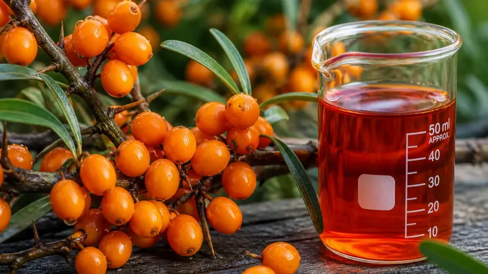 Fresh orange sea buckthorn berries on a branch with water droplets styled beside a beaker of pure golden-red berry oil