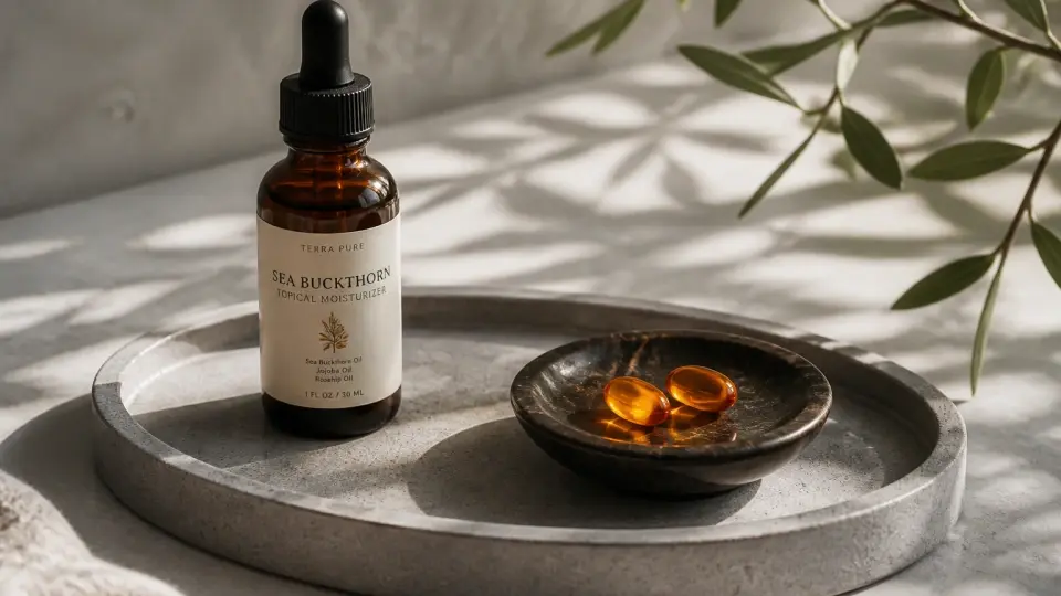 A minimalist concrete tray displaying an amber dropper bottle representing local support and two golden softgels representing oral support