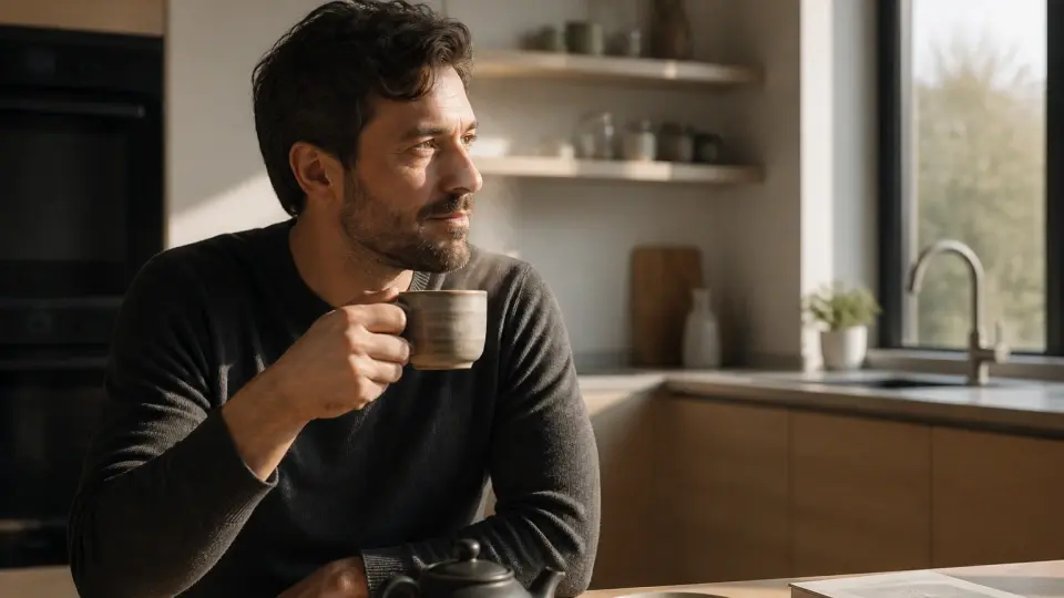 A Focused Man Holding a Warm Ceramic Cup of Steaming Tea A Focused Man Holding a Warm Ceramic Cup of Steaming Tea