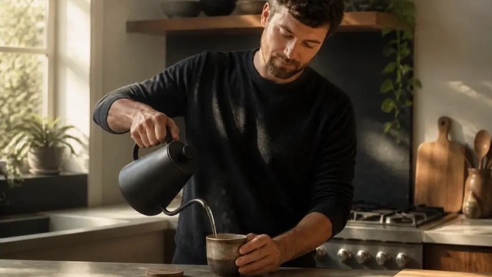 A Focused Man Pouring Hot Water from a Kettle Into a Ceramic Cup for Morning Coffee Alternative Ritual A Focused Man Pouring Hot Water from a Kettle Into a Ceramic Cup for Morning Coffee Alternative Ritual