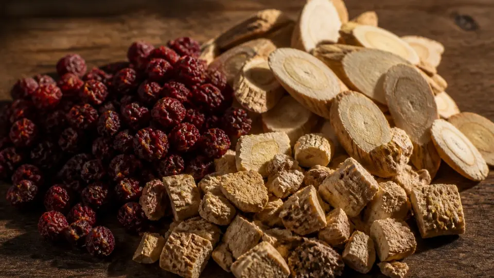 A Rustic Slate Platter Scattered with Dried Red Schisandra Berries and Astragalus Slices