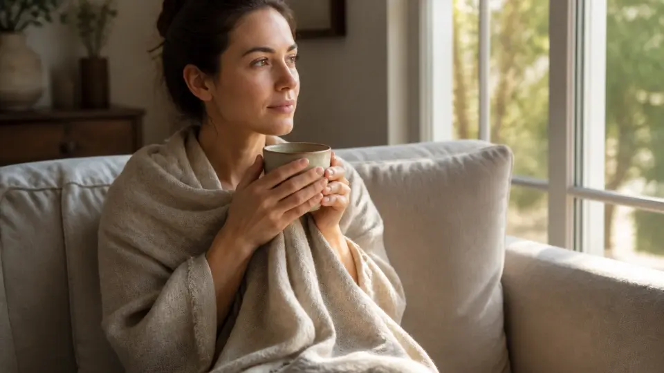 A Serene Woman Wrapped in a Linen Shawl Smiling Softly While Holding a Warm Ceramic Cup of Tea