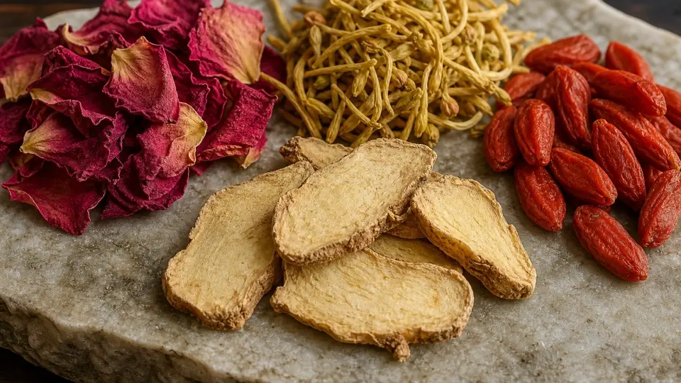 A macro botanical close-up of pink rose petals, golden honeysuckle flowers, red goji berries, and sliced dried ginger arranged on a textured stone tray