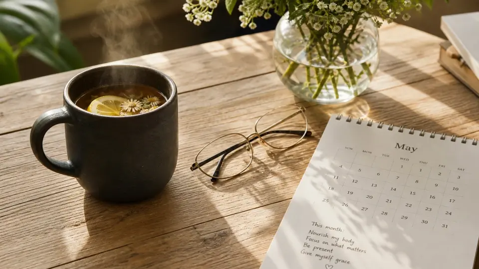 A quiet morning setting with a steaming dark ceramic mug, minimalist reading glasses, and a beautifully handwritten preconception calendar under warm sunlight