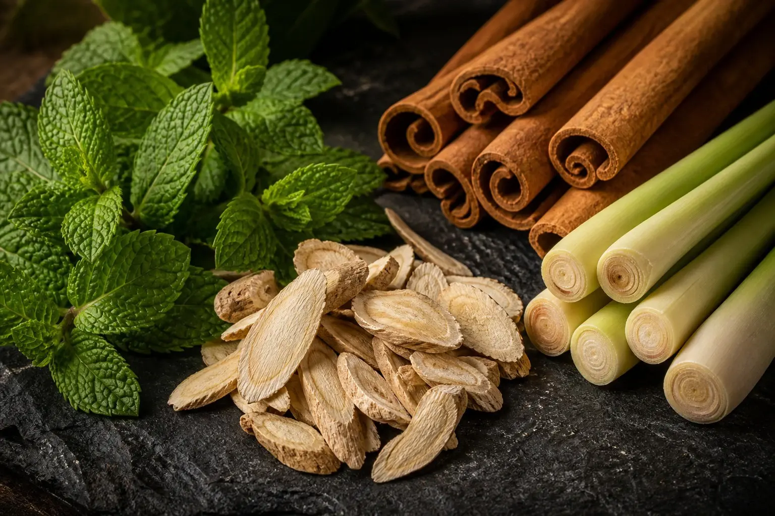Premium raw botanicals including ashwagandha, spearmint, ginger, and cinnamon