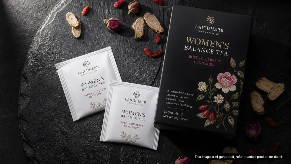 Laicuherb Ease Period Comfort Tea sachet packets and brewing setup Laicuherb Ease Period Comfort Tea sachet packets and brewing setup