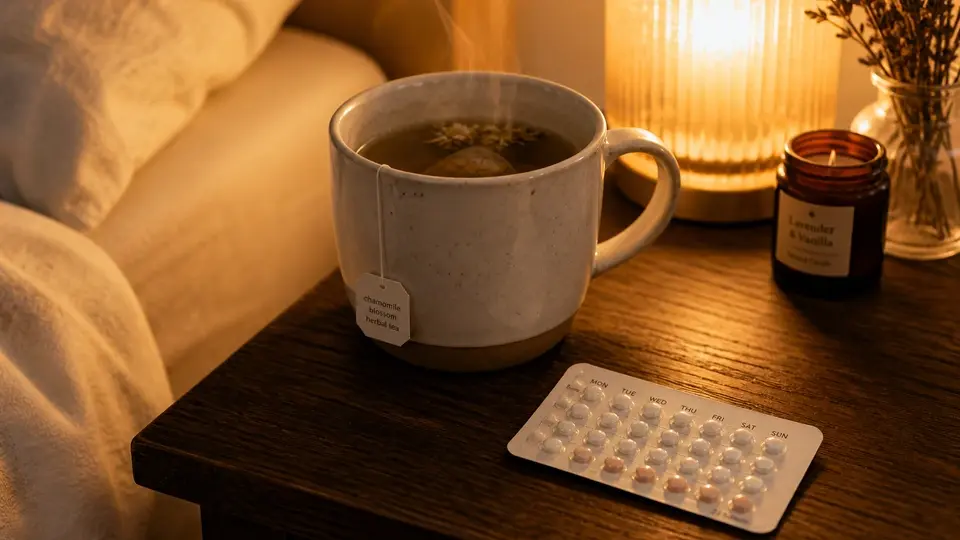 Contraceptive pill blister pack bedside and steaming herbal tea Contraceptive pill blister pack bedside and steaming herbal tea