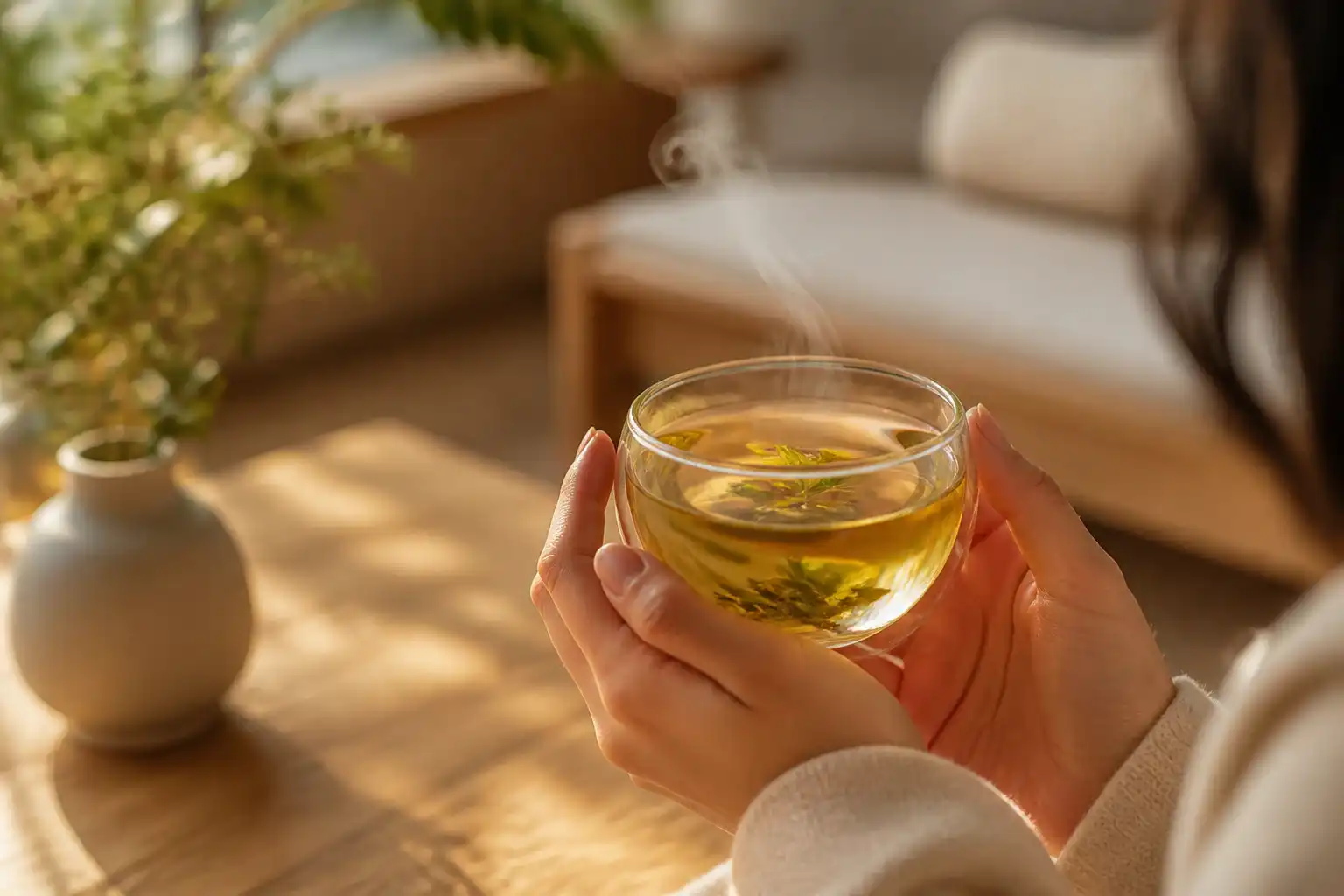 Enjoying a warm cup of Laicuherb Pure Energy Tea in a serene morning study Enjoying a warm cup of Laicuherb Pure Energy Tea in a serene morning study